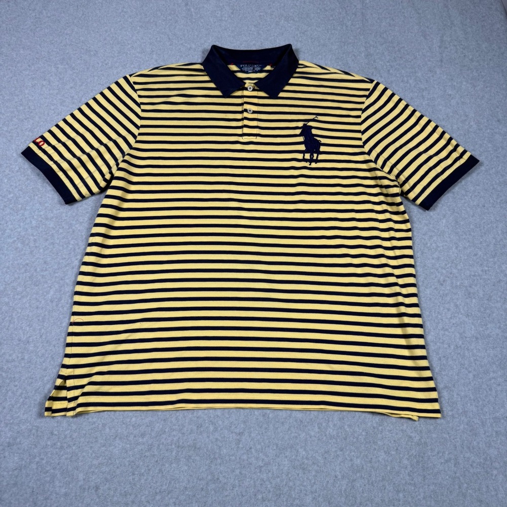 Polo Golf Ralph Lauren Performance Big Pony Striped Polo Shirt Yellow Navy XXL